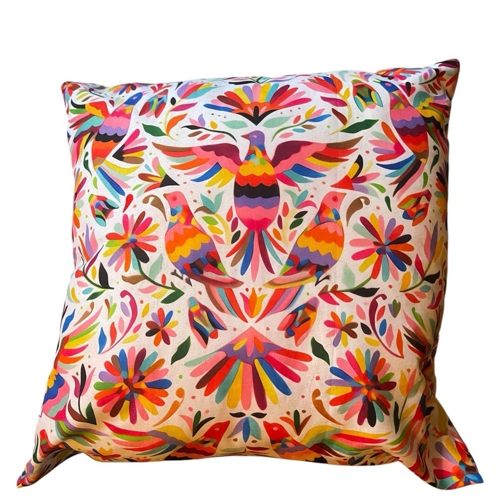 Bird and Floral Otomí Tenango Embroidered Pillow Folk Art Boho Decor 13" x 13"